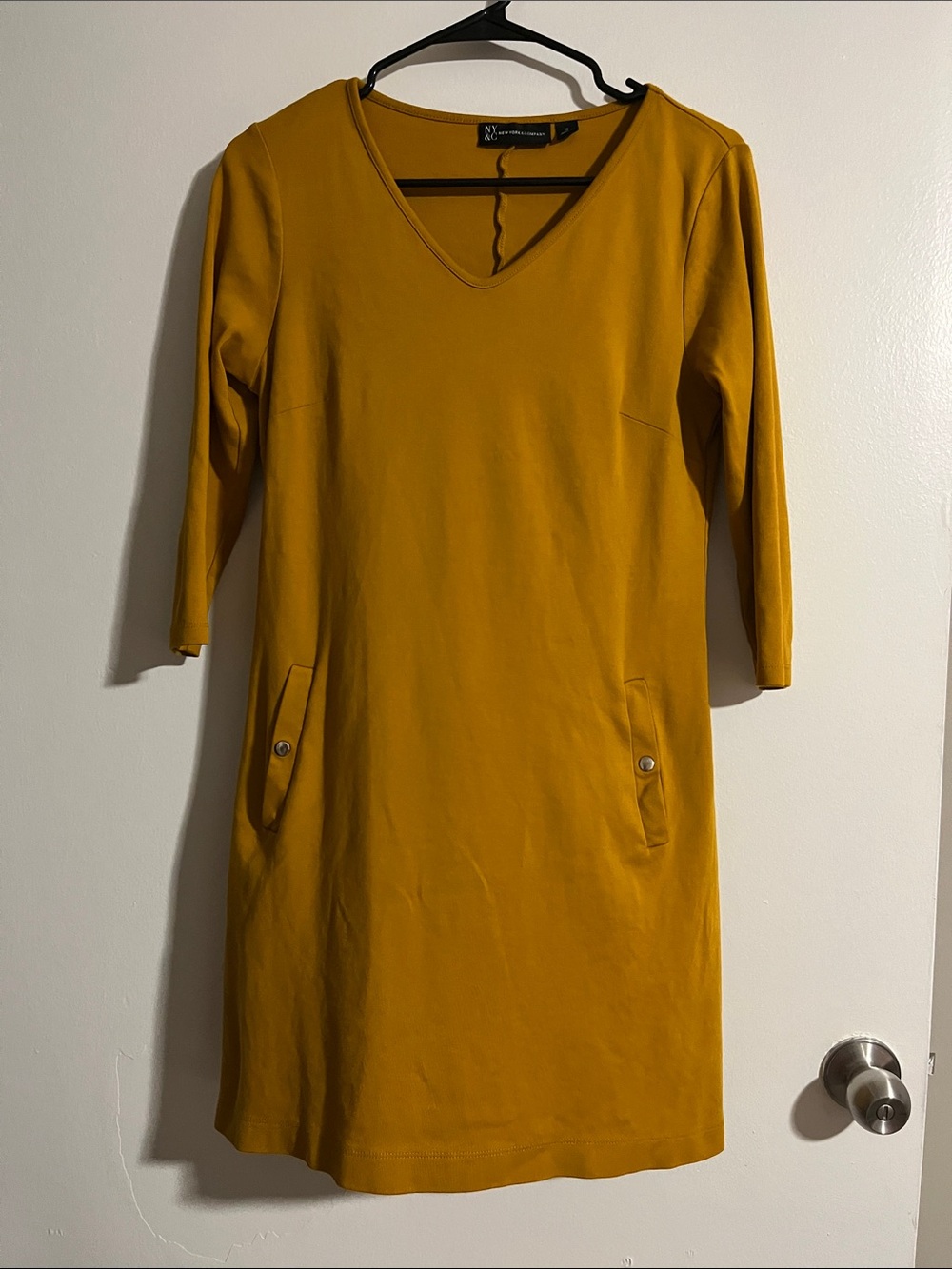 New York & Company Mustard Long-Sleeve V-Neck Shift Dress